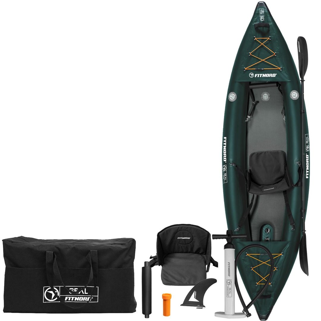 Paras ilmatäytteinen kajakki 2026 – Valitse vesireittisi 3 FitNord Seal One ilmatäytteinen kajakki, tummanvihreä