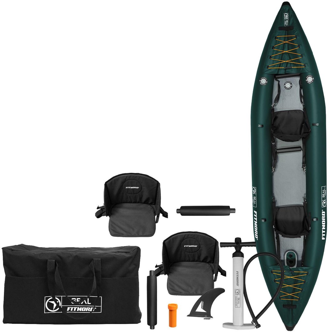 Paras ilmatäytteinen kajakki 2026 – Valitse vesireittisi 6 FitNord Seal Two ilmatäytteinen kajakki, tummanvihreä