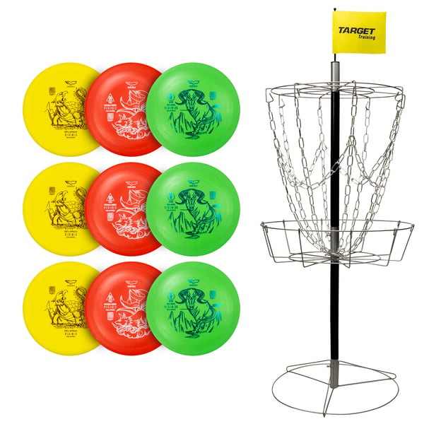 Aloittelijan frisbeegolf pelisetti kolmelle (kori + 9 kiekkoa)