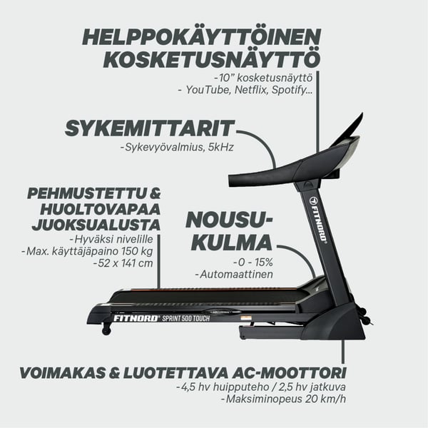 FitNord Sprint 500 Touch Juoksumatto *VOITELUVAPAA* (VUODEN LISÄTAKUU JA SYKEVYÖ KAUPAN PÄÄLLE — arvo 299,80 €) 5